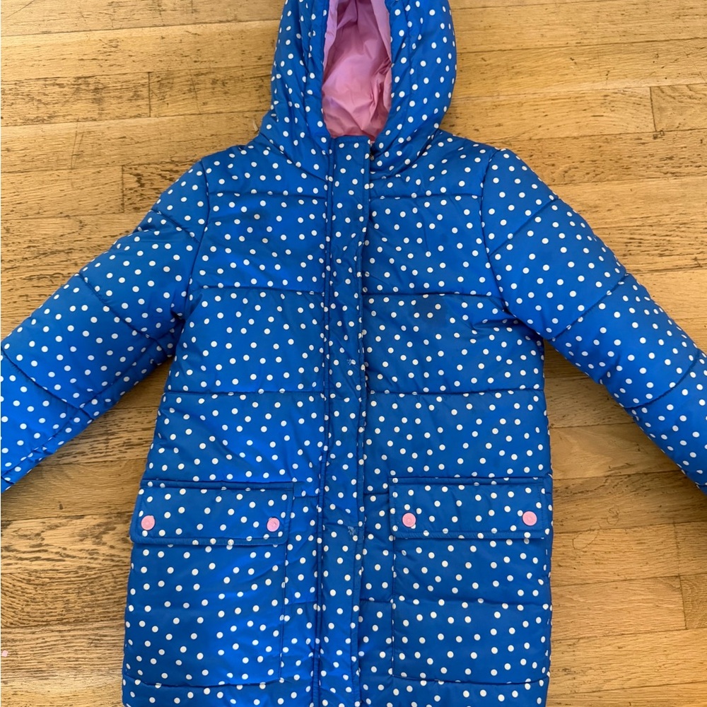 Boden Girls 9-10 Blue Polka Dot Puffer Coat with Pink Lining